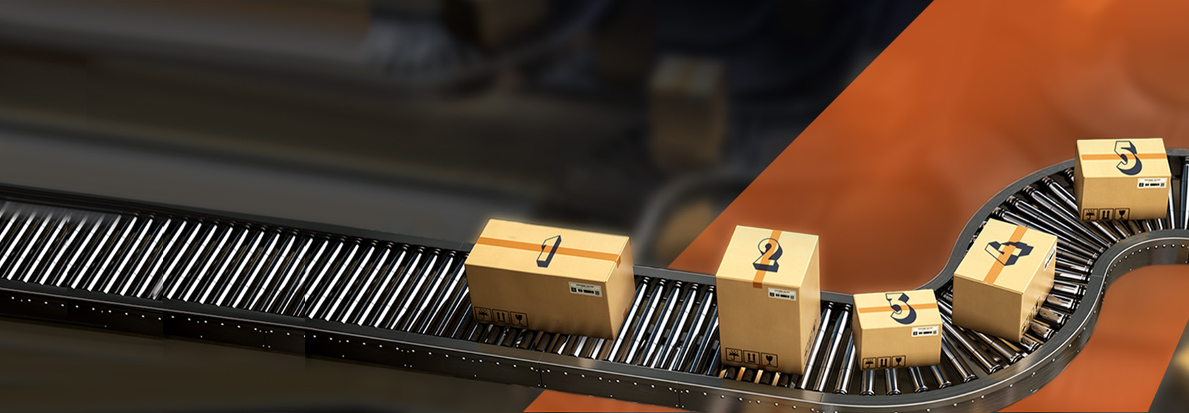 Boxes numbered 1 to 5 sit on a curved, automated conveyor belt. The background is a blend of dark and orange hues, giving an industrial look.