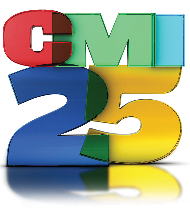 Bold, colorful 3D text reading CMI 25 in overlapping red, green, blue, and yellow letters symbolizes the energy and excitement of group travel. Each character casts a subtle shadow on a reflective surface, creating an artistic and vibrant composition.