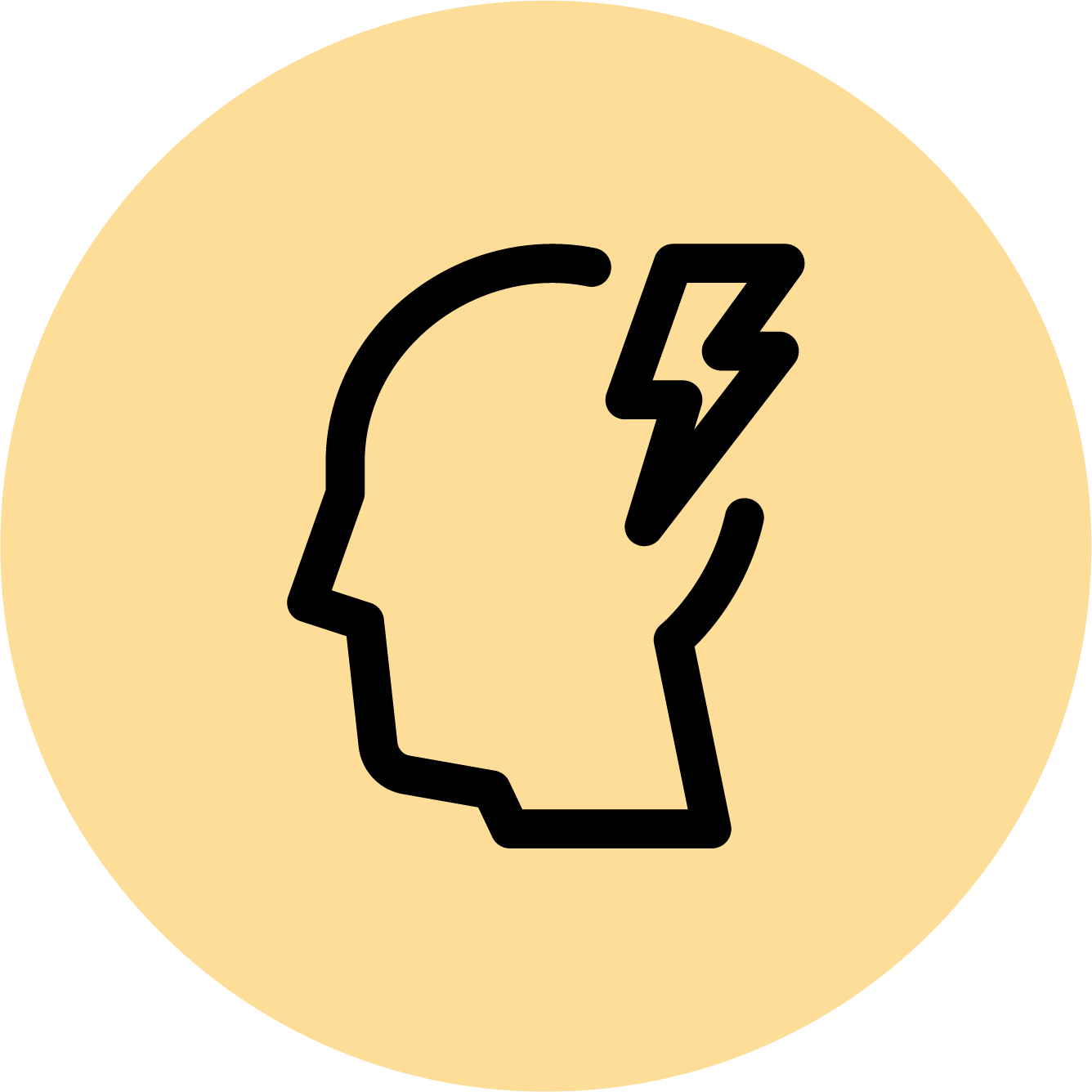 Icon of a human head silhouette with a lightning bolt striking it, symbolizing a headache or idea. The design is in black on a light yellow circular background.