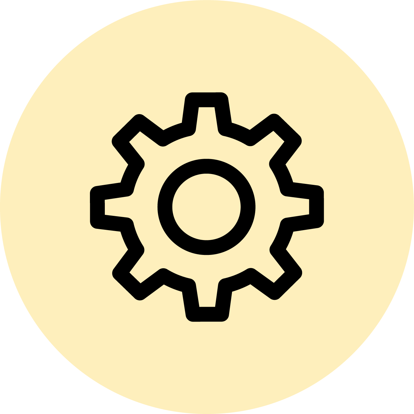 Black gear icon centered on a light yellow circular background.