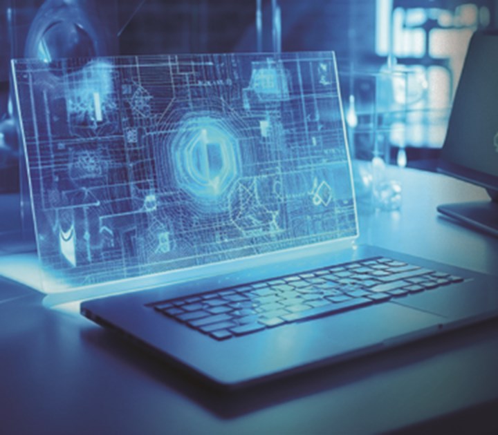 A laptop with a holographic display showcases digital interfaces and data graphics in blue hues, illustrating artificial intelligence in action. The scene exudes a futuristic, technological atmosphere, with a blurred background hinting at a modern office or lab setting.