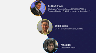 Image featuring three individuals in circular frames on a dark blue background. From top to bottom: Dr. Brad Shuck, Sumit Taneja, and Ashok Rai, each with their titles and affiliations listed next to their photos.