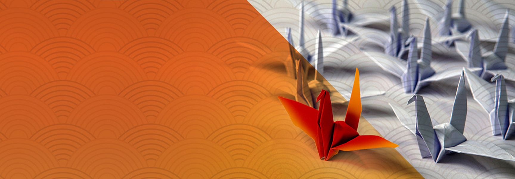 A single red origami crane stands out among a cluster of gray origami cranes on a patterned background. The left side features an orange wave design, creating a contrast with the paper cranes on the right.