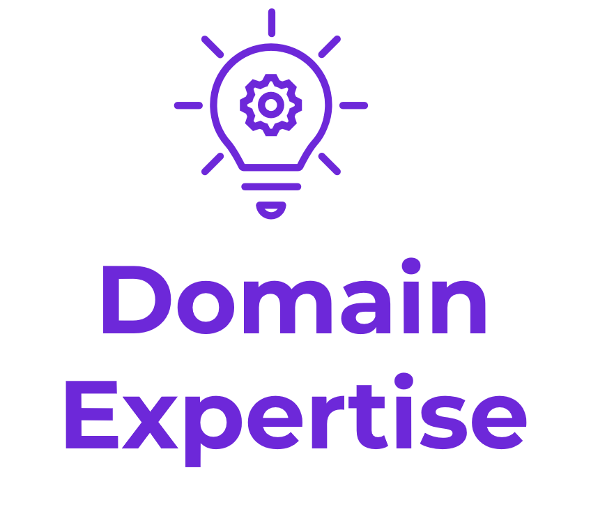 Illustration of a light bulb with a gear inside, symbolizing ideas and technical knowledge. Below the image, the text reads Domain Expertise in purple lettering on a white background.