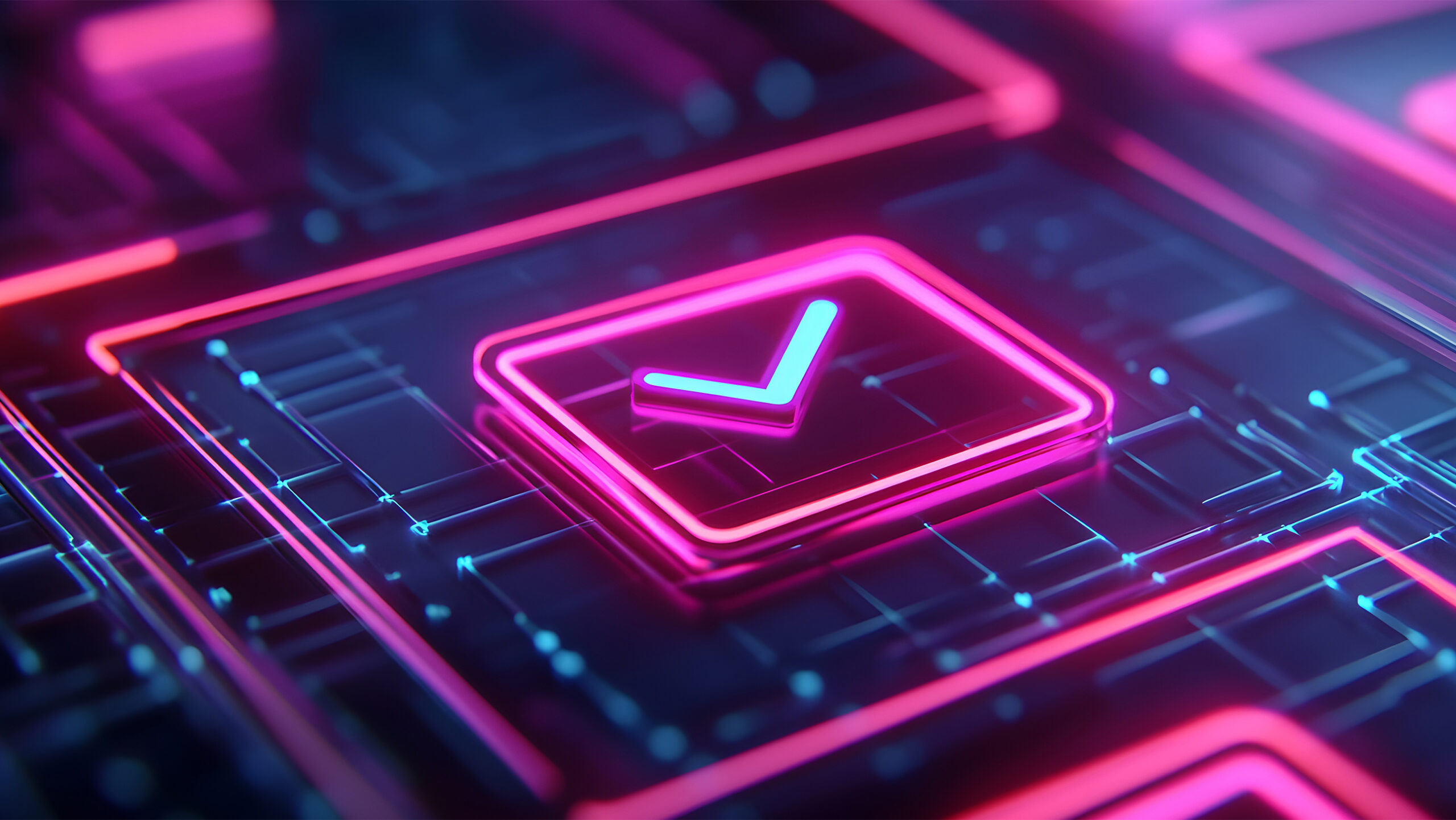 A glowing pink checkmark is centered within a neon pink square on a luminous blue and purple circuit board background. The design embodies a digital, cyberpunk aesthetic, subtly echoing themes of corporate social responsibility in its interconnected visuals.