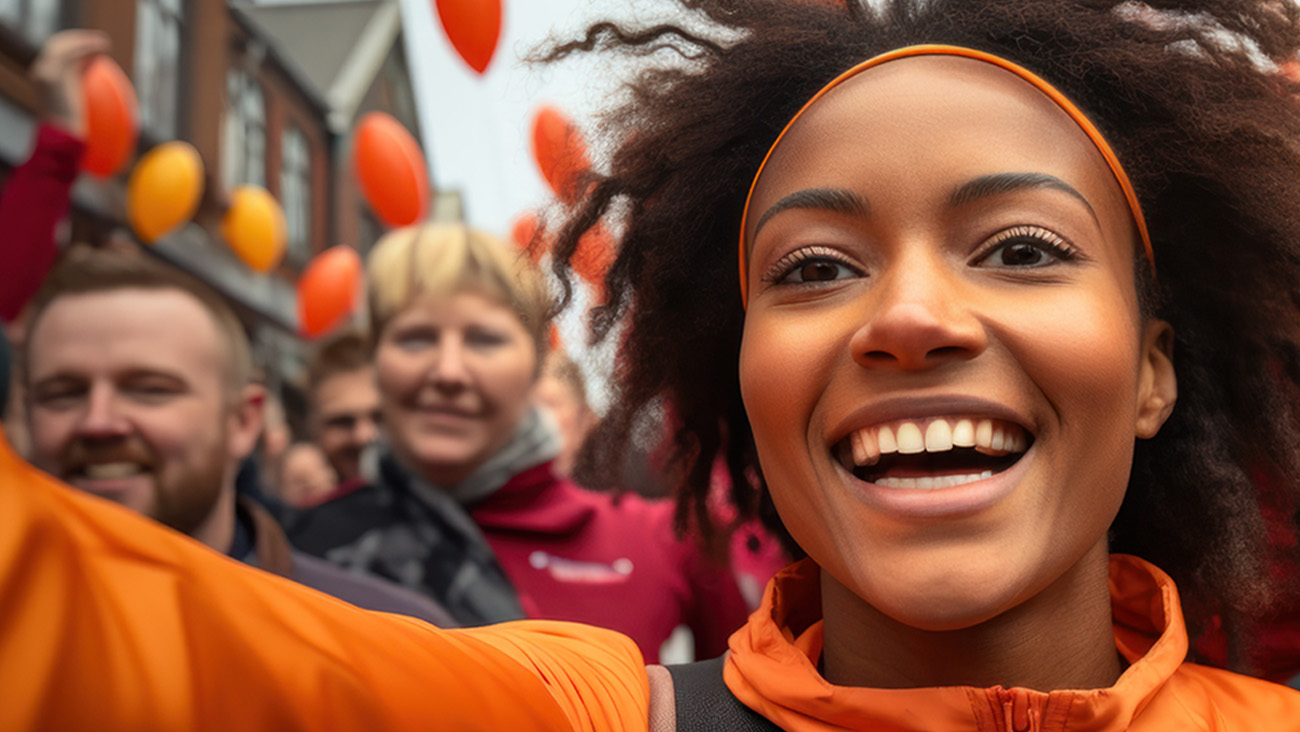 A woman with curly hair and an orange headband takes a selfie at a festive event. Shes smiling widely, surrounded by a crowd of people and orange balloons. She wears an orange jacket, and the background shows buildings.