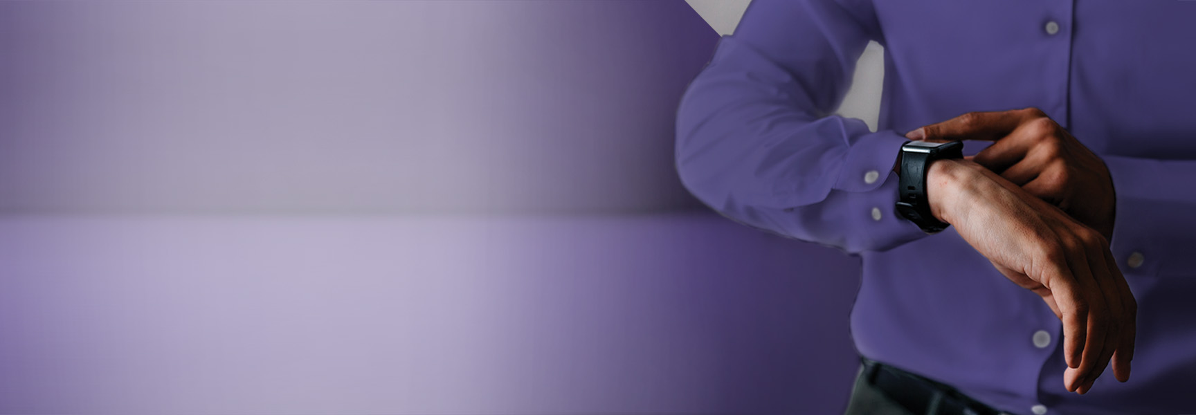 A person in a purple shirt checks their smartwatch, with their fingers touching the watch face. The background is a gradient of purple and light gray.