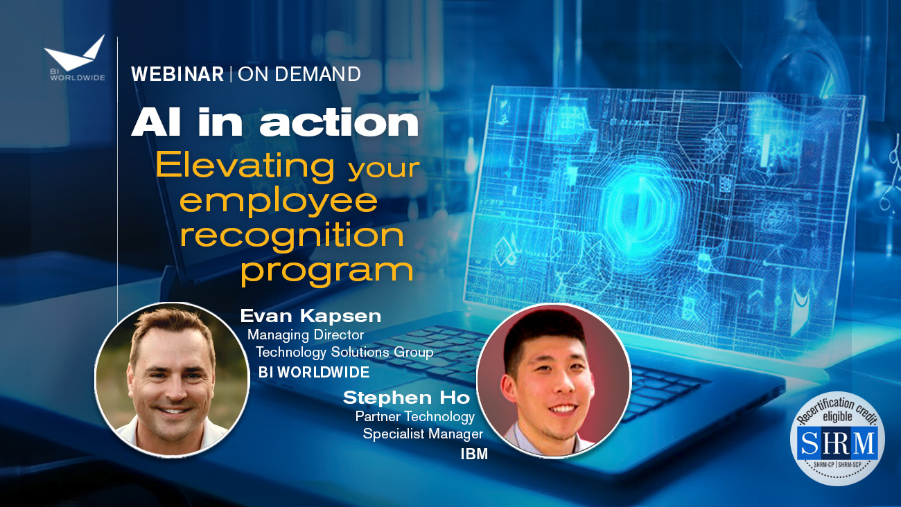 Webinar promotional image with the text AI in action: Elevating your employee recognition program. Features two speakers, Evan Kapsen and Stephen Ho, with logos for Worldwide and SHRM Recertification. Background shows a digital interface and laptop.