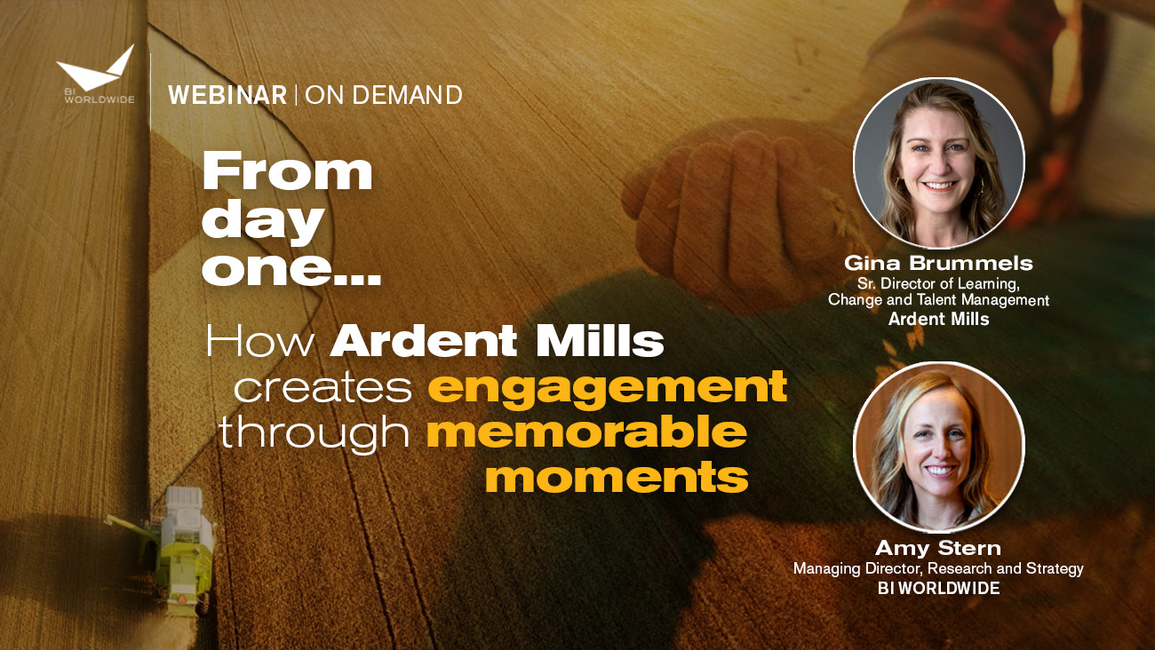 A webinar announcement featuring text: From day one… How Ardent Mills creates engagement through memorable moments. Includes photos of Gina Brummels and Amy Stern with titles. A person writes on a paper next to a beverage.