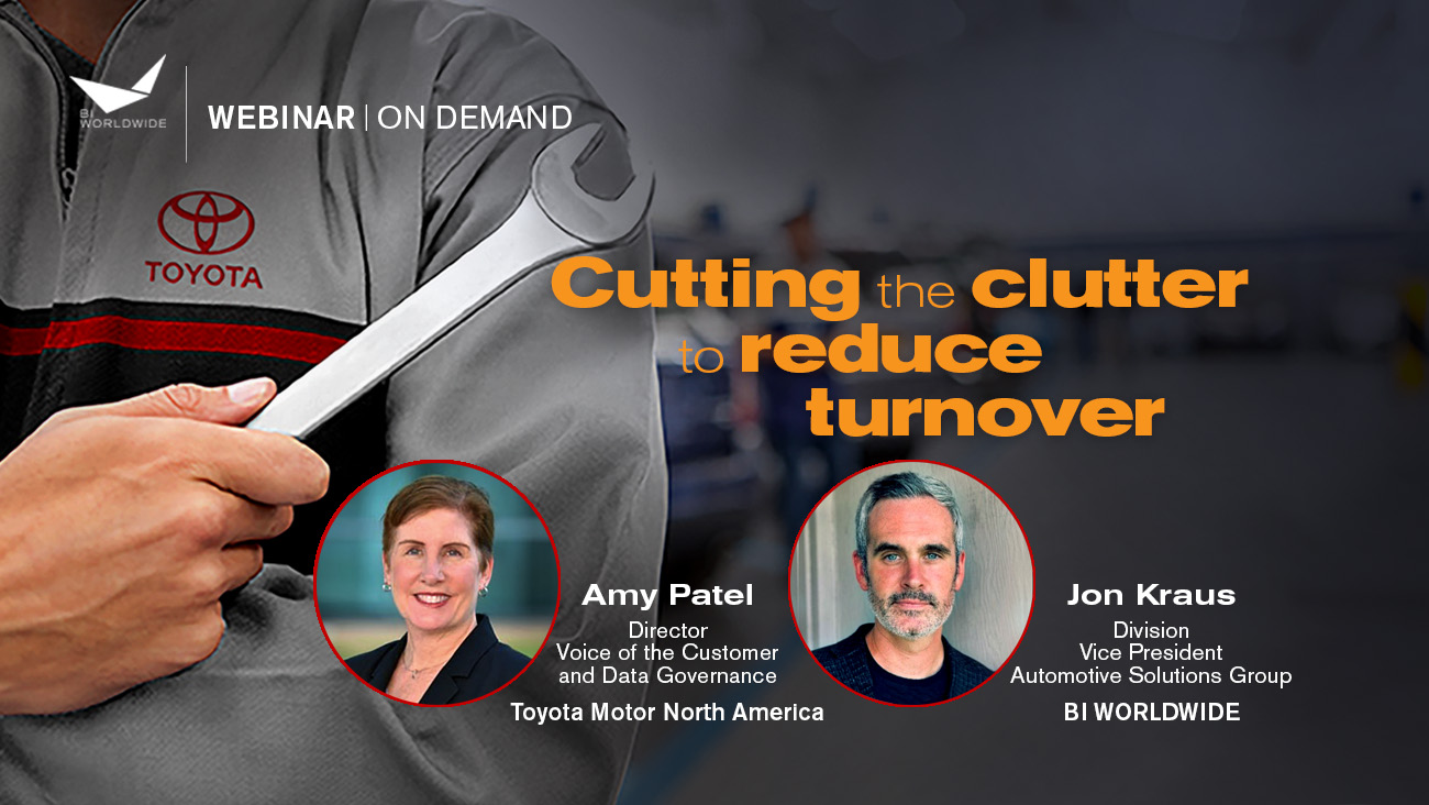 Promotional image for a webinar titled Cutting the clutter to reduce turnover. Features two speakers, Amy Patel and Jon Kraus, with their titles and companies. A large wrench is in the background, and the Toyota logo is visible on a jacket.