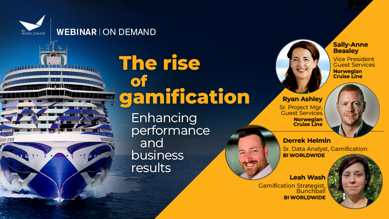 Promotional image for a webinar titled The Rise of Gamification: Enhancing Performance and Business Results. Features a cruise ship and headshots of four speakers: Sally-Anne Beasley, Ryan Ashley, Derrek Helmin, and Leah Wash, with their titles.