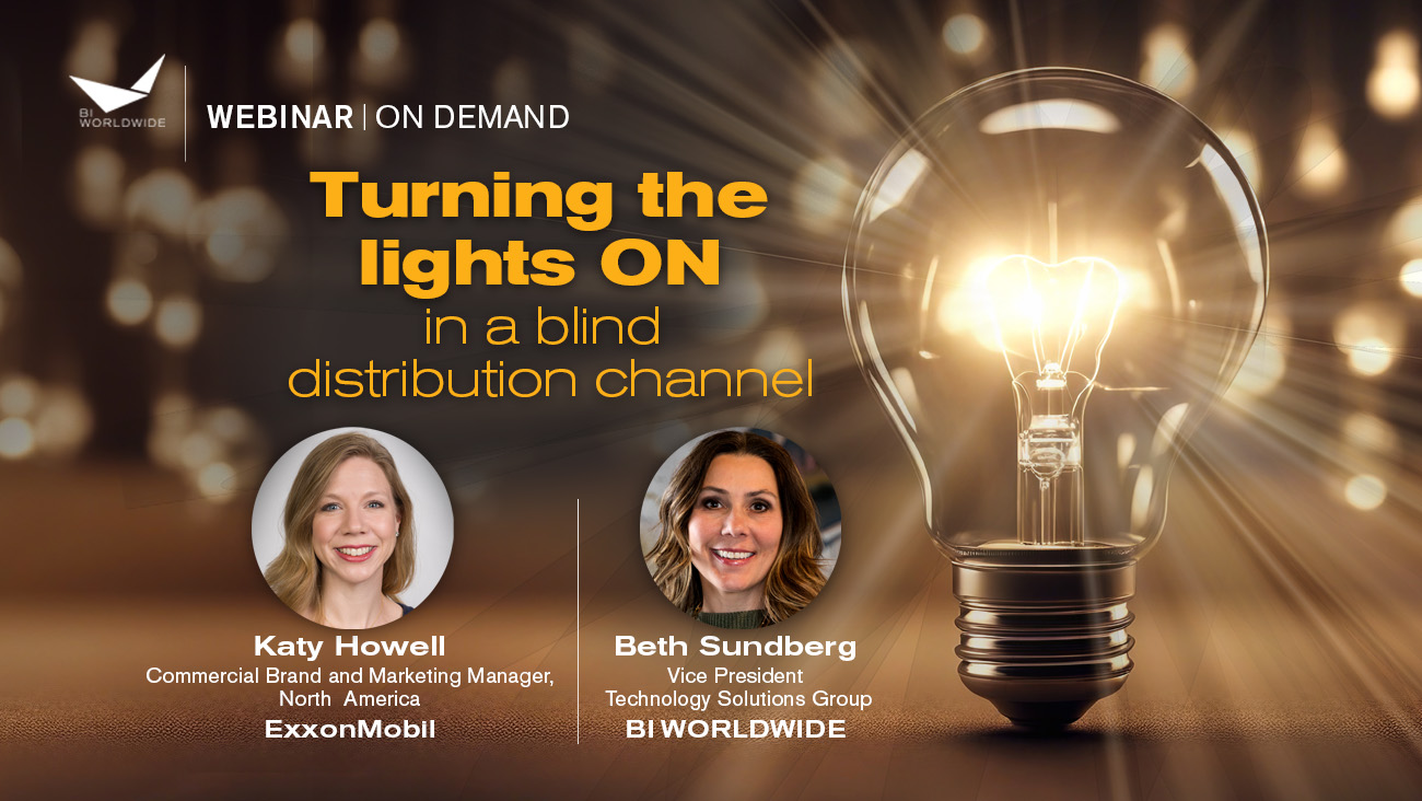 Webinar poster titled Turning the lights ON in a blind distribution channel featuring Katy Howell from ExxonMobil and Beth Sundberg from BI WORLDWIDE. Image includes headshots of both speakers and a large light bulb in the background.