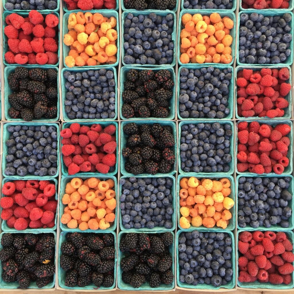 Assorted berries arranged in small teal baskets. The image shows red raspberries, yellow raspberries, blackberries, and blueberries, organized in a neat grid pattern.